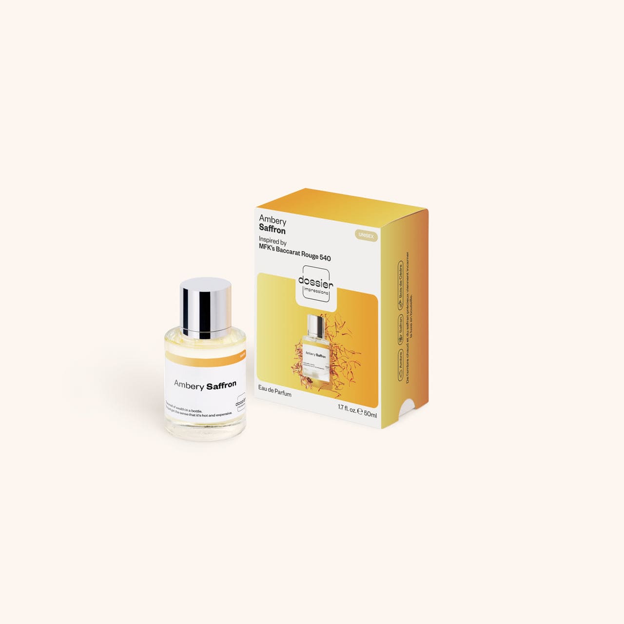 Dossier - Ambery Saffron - Inspired by Baccarat Rouge 540 - Unisex EDP | 1.7 fl oz (50ml) - Dossier Ambery Saffron Eau de Parfum Unisex - Saffron Perfume - Long-Lasting, Vegan & Paraben-Free